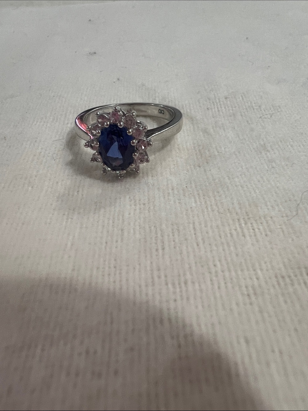 B#54-Sterling Silver Blue Oval Halo Ring with Pink Accents